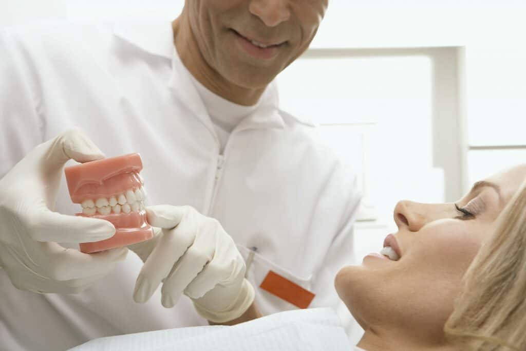 dentist shows patient model of teeth.